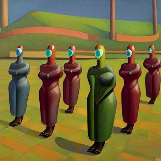 Image similar to robot druids in a grand processional, grant wood, pj crook, edward hopper, oil on canvas