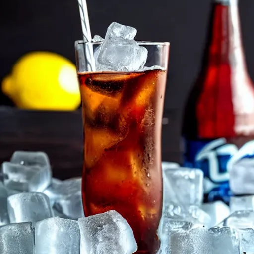 Prompt: a glass of ice cold cola with ice cubes and a slice of lemon