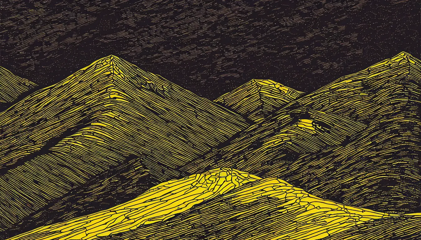 Image similar to mountain trail by dan mumford and peter doig and edward hopper, symmetrical, minimal, black ink, thick lines highly detailed, muted colours 8 k