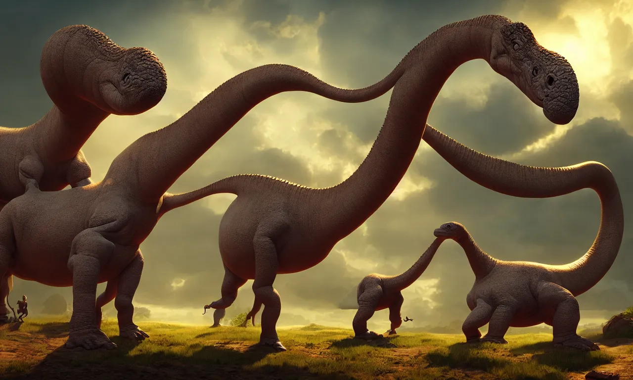 Image similar to cute girl feeding brontosaurus, dramatic pose, high details, raytracing, back light, raymarching, by ilm, by digital domain, by weta digital