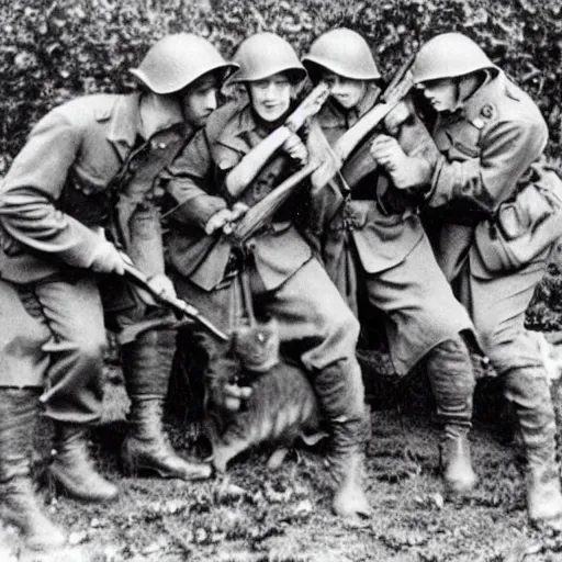 Image similar to a platoon of WWII war kittens holding rifles.