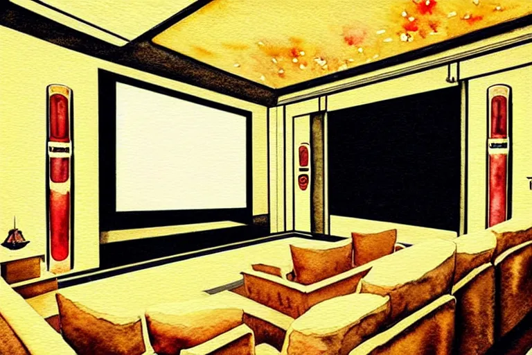 Image similar to very wide view of a modern home movie theater with giant projector screen!!, detailed art deco decoration!, wall lights, plant, popcorn machine, very very beautiful watercolor painting!!!, trending on artstation