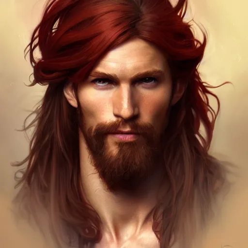 Image similar to portrait of a young ruggedly handsome but joyus pirate, male, masculine, upper body, red hair, very long hair, d & d, fantasy, intricate, elegant, highly detailed, digital painting, artstation, concept art, matte, sharp focus, illustration, art by artgerm and greg rutkowski and alphonse mucha