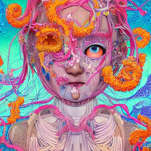 Prompt: the face of a ridiculously beautiful and cute japanese girl partially made of onion rings of all colors looking down, an ultrafine hyperdetailed illustration by james jean, final fantasy, intricate linework, bright colors, behance contest winner, vanitas, angular, altermodern, unreal engine 5 highly rendered, global illumination, radiant light, detailed and intricate environment