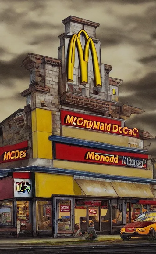 Image similar to amazing intricate painting of mcdonalds in an apocalypse. hd. hq. very detailed.