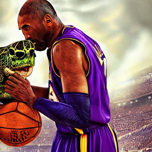 Image similar to kobe bryant kissing a giant turtle in heaven, hyper realistic, cinematic, side view, digital art, amazing detail, artstatiom, cgsociety, epic art