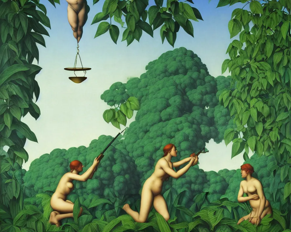 Prompt: an achingly beautiful print blind justice in the jungle by Raphael, Hopper, and Rene Magritte. detailed, romantic, enchanting, trending on artstation.