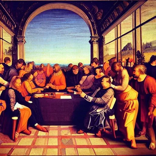 Image similar to a psychedelic conference of scientists / professors / researchers in a renaissance painting