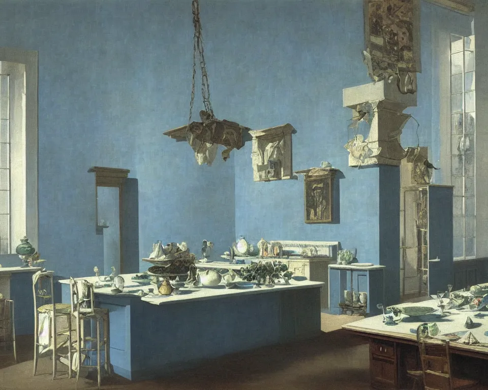 Image similar to achingly beautiful painting of a sophisticated, well - decorated kitchen on baby blue background by rene magritte, monet, and turner. giovanni battista piranesi.