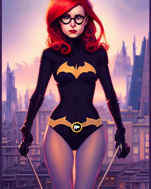 Prompt: phil noto, peter mohrbacher, thomas kinkade, artgerm, willa holland batgirl dc comics, red hair, symmetrical eyes, city rooftop