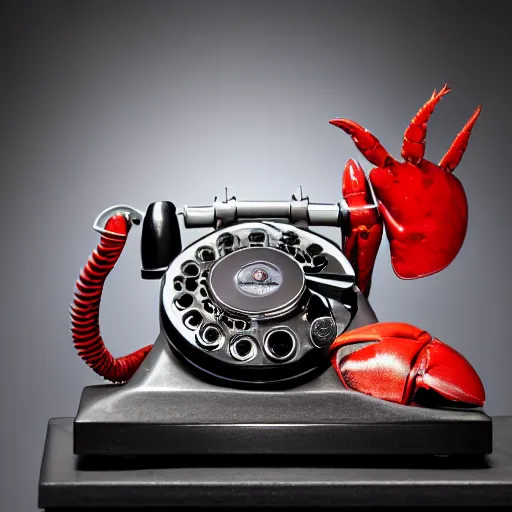 Image similar to commercial product photography advertisement for Salvador Dali’s Lobster phone, a red Rotary telephone with a lobster handset, The handle of the rotary phone is a plastic lobster, dark background, low key lighting, backlit, commercial studio lighting