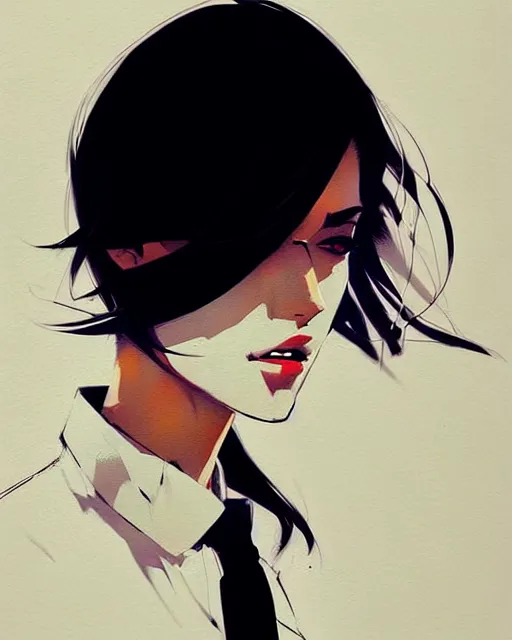 Image similar to a ultradetailed beautiful panting of a stylish woman, she is wearing a white shirt with a tie and black pants, by conrad roset, greg rutkowski and makoto shinkai trending on artstation