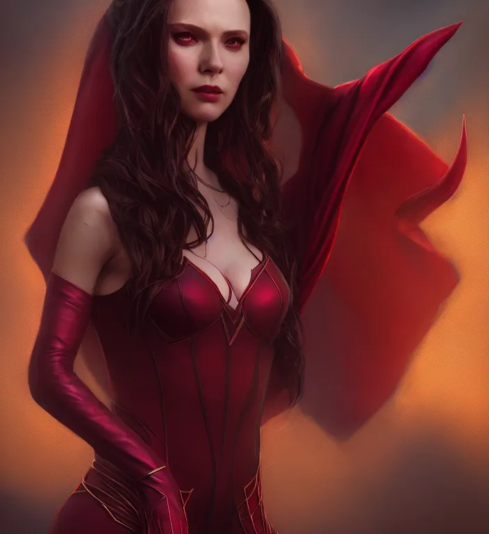 Image similar to Lucifer Morningstar as Scarlet Witch, portrait, full body, hyper detailed, digital art, trending in artstation, cinematic lighting, studio quality, smooth render, unreal engine 5 rendered, octane rendered, art style by klimt and nixeu and ian sprigger and wlop and krenz cushart