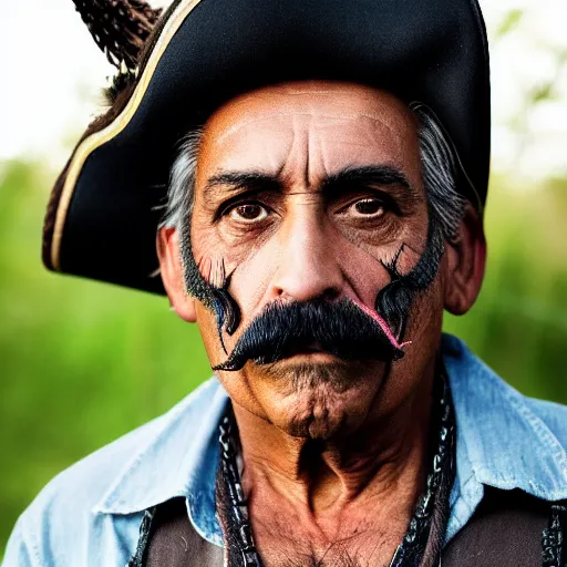 Prompt: an award winning outdoors portrait photo of a black pirate hispanic stout short old man pirate with mustache and serious face, short parted hair, movie color graded