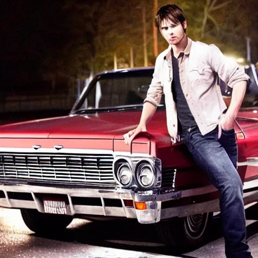 Prompt: Ian Somerhalder as Dean Winchester in Supernatural, leaning against a 1967 chevrolet impala at night