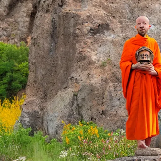 Image similar to slightly rusty robot monk in orange robes meditating in front of a worn stone shrine on a hilltop with wildflowers