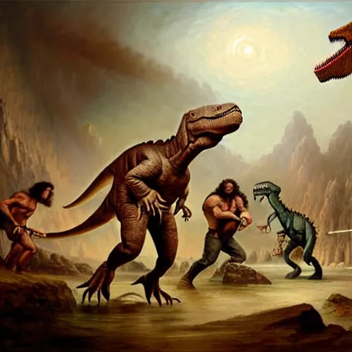 Prompt: A large dinosaur! fighting with several realistic detailed cavemen with proportioned bodies, next to the dinosaur are cavemen, the cavemen are armed with spears, the caveman are in a fighting stance, the cavemen are wearing animal furs, coarse canvas, visible brushstrokes, intricate, extremely detailed painting by William Turner (and by Greg Rutkowski)