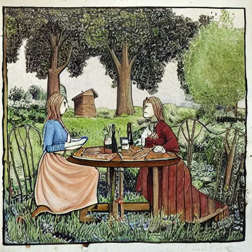 Prompt: girl and boy sitting at table in garden. on the table there is beer and wine. folk horror style art. detailed. arbour