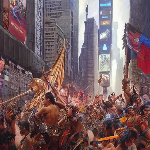 Prompt: A beautiful wide angle cinematic painting of an Indigenous warrior tribe declaring an end to colonizer rule in time square, colonizers demise, intricate detail, ornate, conceptual art, soft light, dynamic, sharp focus, depth of field blur, art by artgerm and greg rutkowski and alphonse mucha