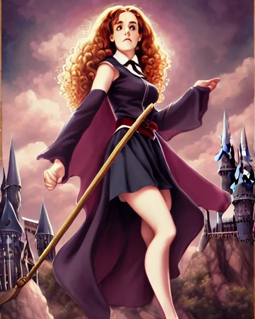 Image similar to pinup photo of hermione granger by emma watson in the crowded square of hogwarts, asuna by a - 1 pictures, by peter mohrbacher, gil elvgren, enoch bolles, glossy skin, pearlescent, anime, very coherent, sao style anime, flat