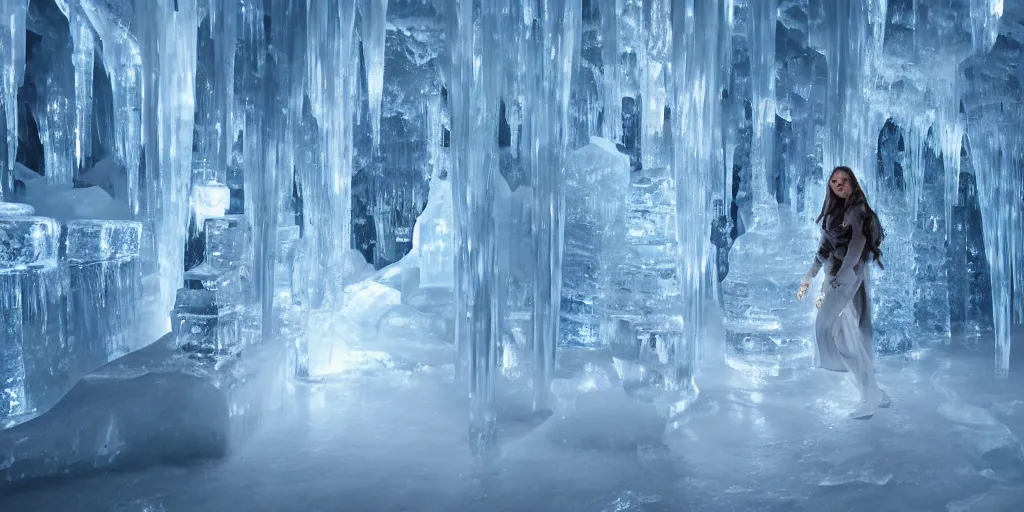Prompt: inside an ice castle everything made from ice shiny and wet, the ice princess has snow flowing from her fingers, ultra realistic 4 k digital art