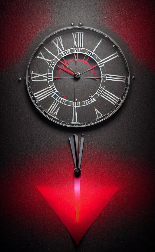 Image similar to a melting Roman numeral clock, behind a red and black gradient background, awith a black heart shaped on the top left corner and a black diamond card shape in the bottom right corner, dynamic lighting, photorealistic fantasy concept art, trending on art station, stunning visuals, cinematic, creative, ultra detailed