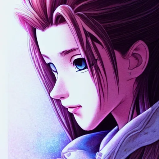 Image similar to pouting Aerith Gainsborough close-up portrait looking straight on, complex artistic color ink pen sketch illustration, full detail, gentle shadowing, fully immersive reflections and particle effects, chromatic aberration, art by Artgerm