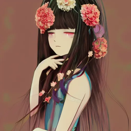 Image similar to little girl with flowers in hair wearing an dress made of feathers, anime style, art by ilya kuvshinov, 8 k, concept art