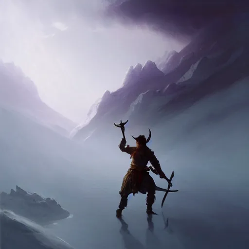 Prompt: a human with ancient sword who can kill gods is going to kill the viking god on a blizzard hills made by ivan aivazovsky, peter mohrbacher, greg rutkowski volumetric light effect broad light oil painting painting fantasy art style sci - fi art style realism premium prints available artwork unreal engine