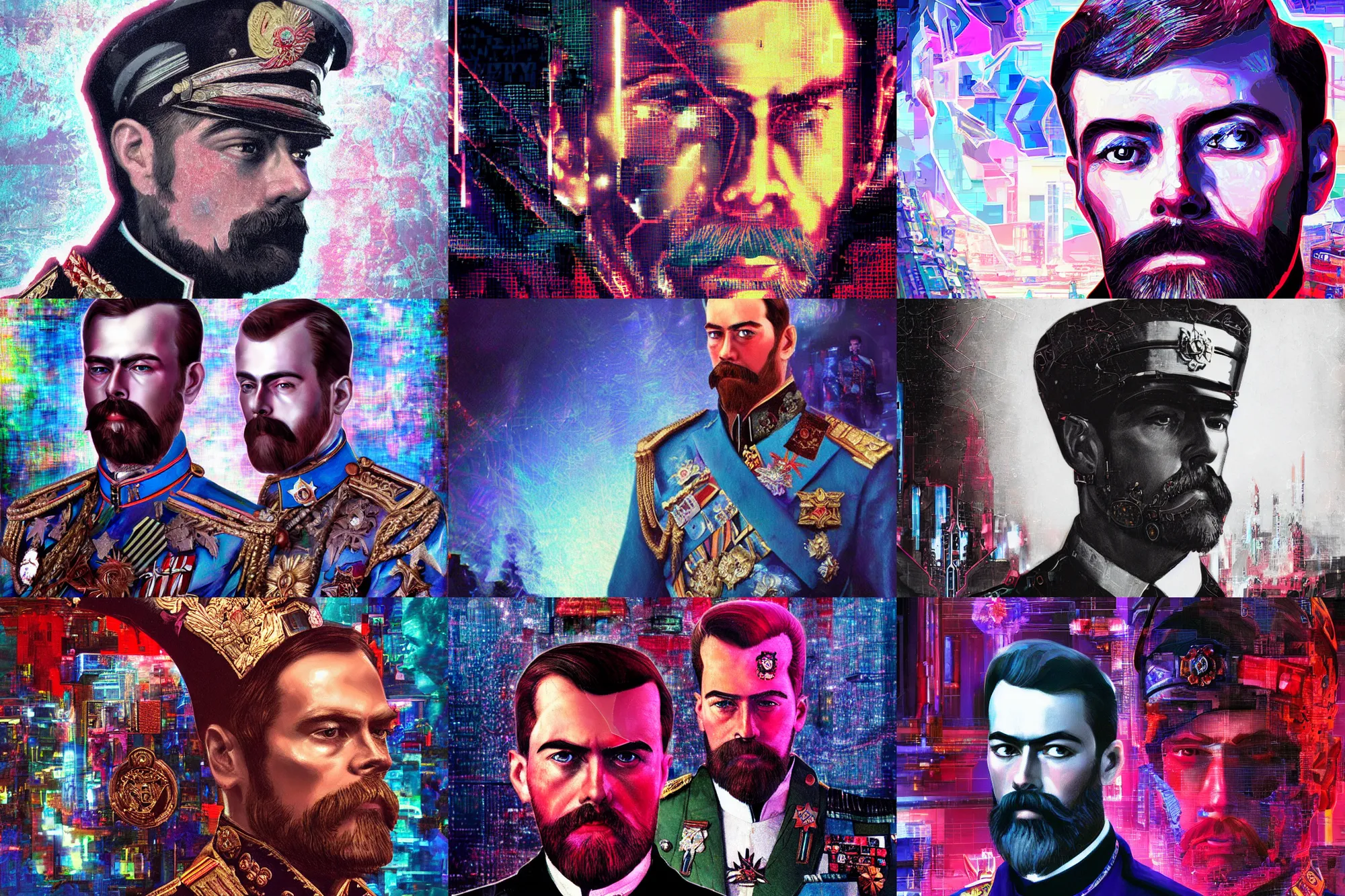 Image similar to Nicholas II of Russia, cyberpunk, synthwave, glitch, digital art, detailed, photo realistic