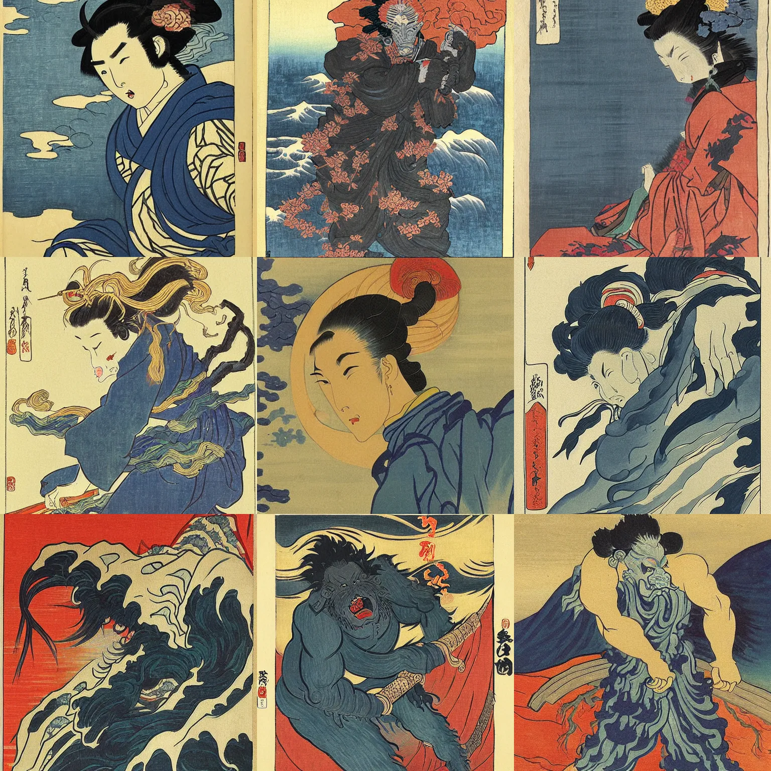 Prompt: beautiful oni painting by hokusai and van gogh