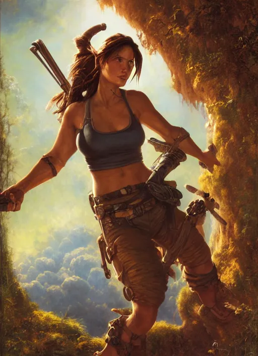 Image similar to seasoned adventurer Lara Croft, golden hour, Lilia Alvarado, Sophie Anderson, Mark Arian, Bob Byerley, Charlie Bowater, Mark Brooks, Steve Henderson, Justin Gerard, Arthur Hughes, Edward Robert Hughes, Mark Keathley, Victor Nizovtsev, Carlos Shwabe, Ross Tran, WLOP