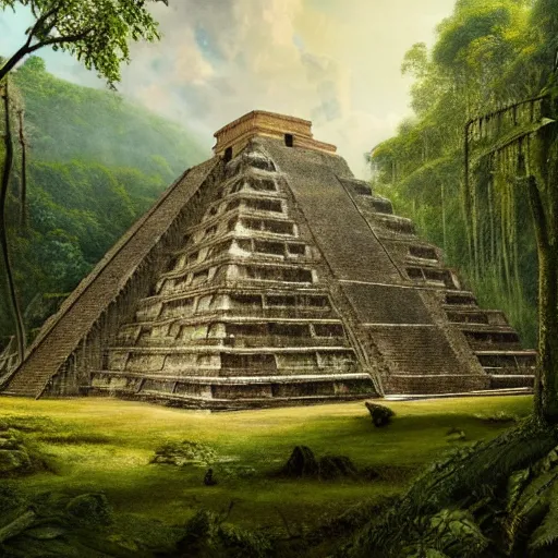 Image similar to a beautiful and highly detailed matte painting of a mayan pyramid ruin in a lush forest, intricate details, epic scale, insanely complex, 8 k, sharp focus, hyperrealism, by caspar friedrich,