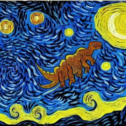 Image similar to painting of the extinction of the dinosaurs with asteroid and fire, in the style of vincent van gogh