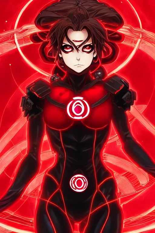 Image similar to anime key visual of a beautiful female red lantern!! intricate, red and black suit, glowing, powers, rage, anger, hate, dc comics, cinematic, stunning, highly detailed, digital painting, artstation, smooth, hard focus, illustration, art by artgerm and greg rutkowski and alphonse mucha