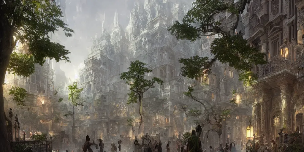 Image similar to the town square of the great city of noxia, marble streets, ivory towers, trees, peter morbacher, ross tran, greg rutkowski, intricate details, extravagant, accents of white and green, trending on artstation, cinematic lighting, digital painting, sharp focus, no blur, octane render, artgerm