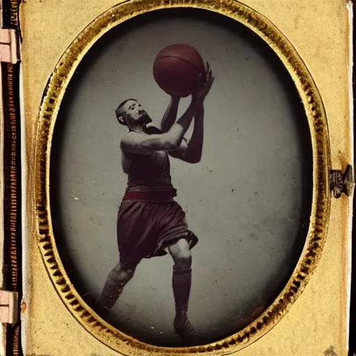 Image similar to Daguerreotype of a Byzantine warrior dunking a basketball into a hoop