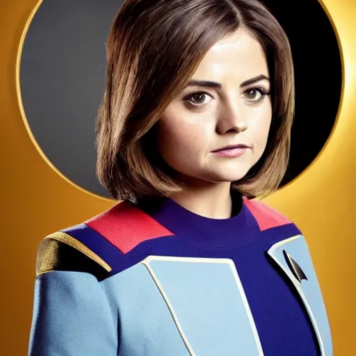 Image similar to a full body photograph of jenna coleman as a star fleet science officer from star trek next generation, full dress uniform, symmetrical face, extreme realism and detail, 8 k, completely framed, direct lighting, 3 5 mm photo, photorealistic, sharp focus