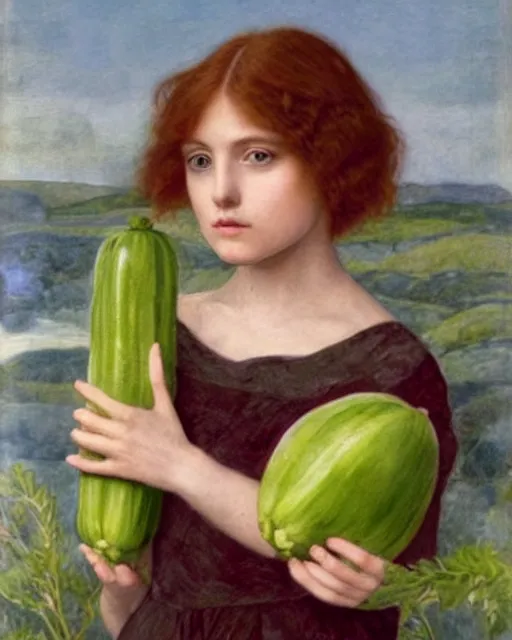 Prompt: Pre-Raphaelite portrait of a young, beautiful girl with short blond-hair and grey eyes holding a courgette