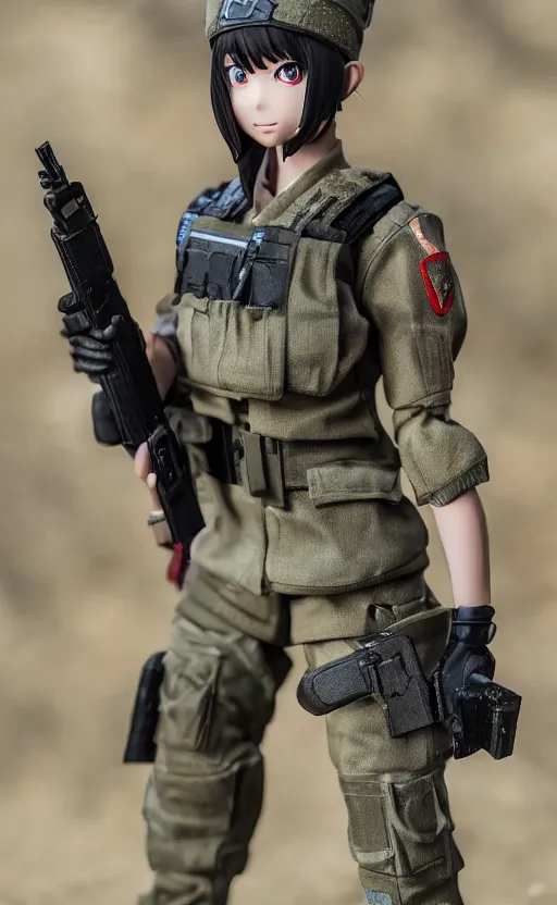 Prompt: portrait of the action figure of a female soldier, highly detailed, high resolution, toy, good smile company anime style, japanese collection product, stunning, girls frontline style, bokeh soft, 100mm, trending on instagram, by professional photographer, realistic human anatomy, realistic military carrier, modern warfare, realistic weapon, shot with a arriflex 35 ii, low saturation