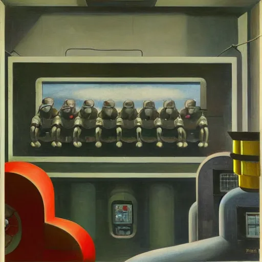 Image similar to power plant reaction chamber, robot repairmen, reactor core, grant wood, pj crook, edward hopper, oil on canvas