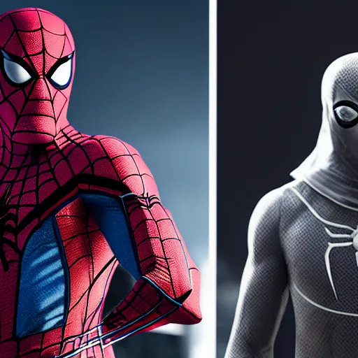 Image similar to character portrait of Spidermaan and MoonKnight from MCU, 4k, highly detailed, cinematic lighting, characters merged