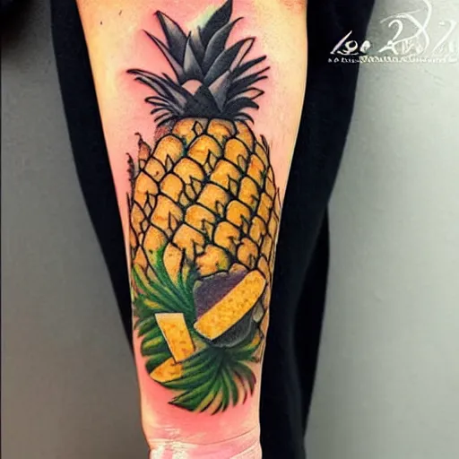 Image similar to a ripe luscious pineapple tattoo on an arm that's also edible. high resolution, 3 d, ue 5.