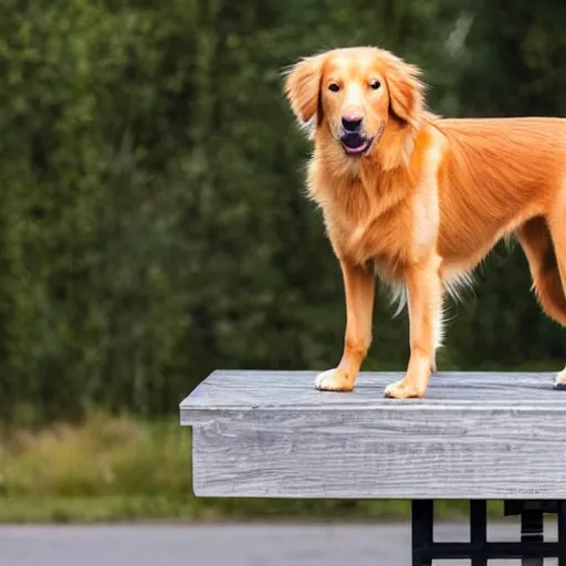 Prompt: A tolling retriever standing on a table