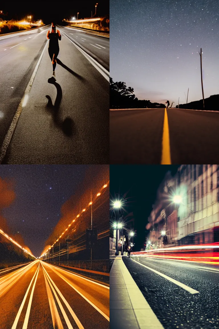 Prompt: photograph of a person running on the wide road during the night