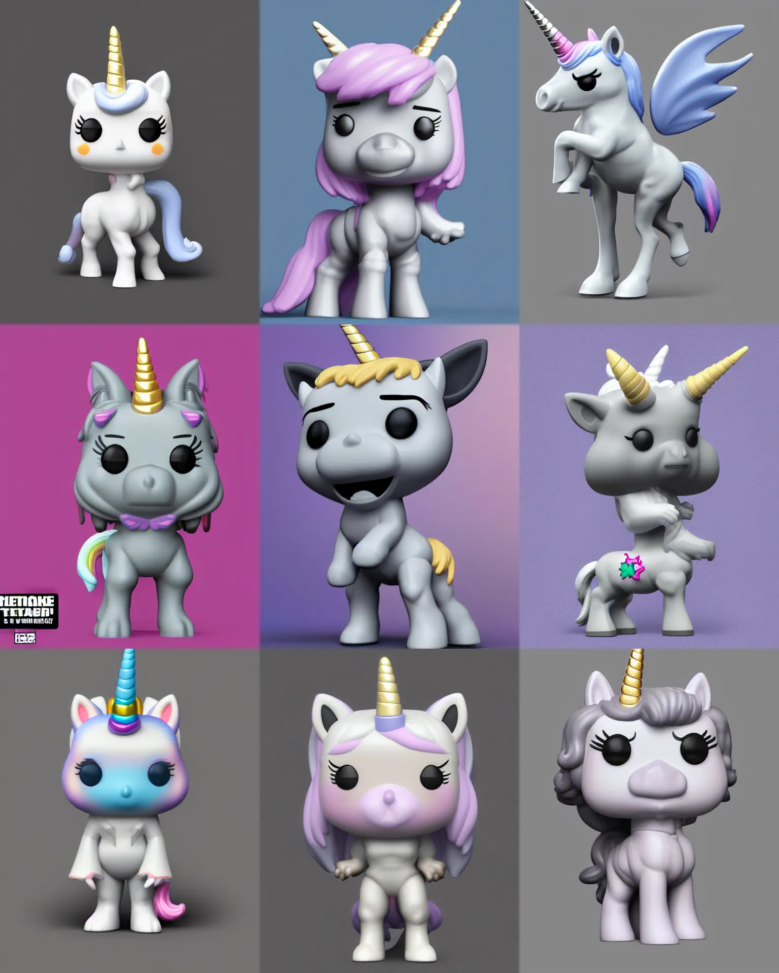 Prompt: full body 3 d render of unicorn as a funko pop!, soft lighting, grey background, single body, no shadow, blender, trending on artstation, 8 k, highly detailed