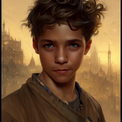 Prompt: portrait of a young boy thief in the slums of a fantasy city, dirty blonde hair, d & d, fantasy, joyful smirk, intricate, elegant, highly detailed, digital painting, artstation, concept art, matte, sharp focus, illustration, art by artgerm and greg rutkowski and alphonse mucha
