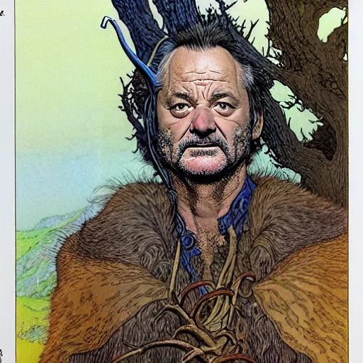 Image similar to a realistic and atmospheric portrait of bill murray as a druidic warrior wizard looking at the camera with an intelligent gaze by rebecca guay, michael kaluta, charles vess and jean moebius giraud