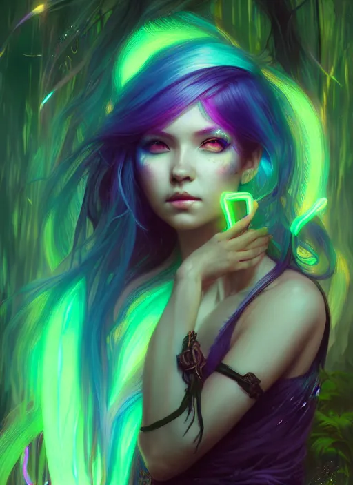 Prompt: stunningly beautiful female neon and neon hair, fantasy art, fae priestess, lush forest landscape, dark light night, sharp focus, digital painting, 4 k, concept art, art by wlop, artgerm, greg rutkowski and alphonse mucha