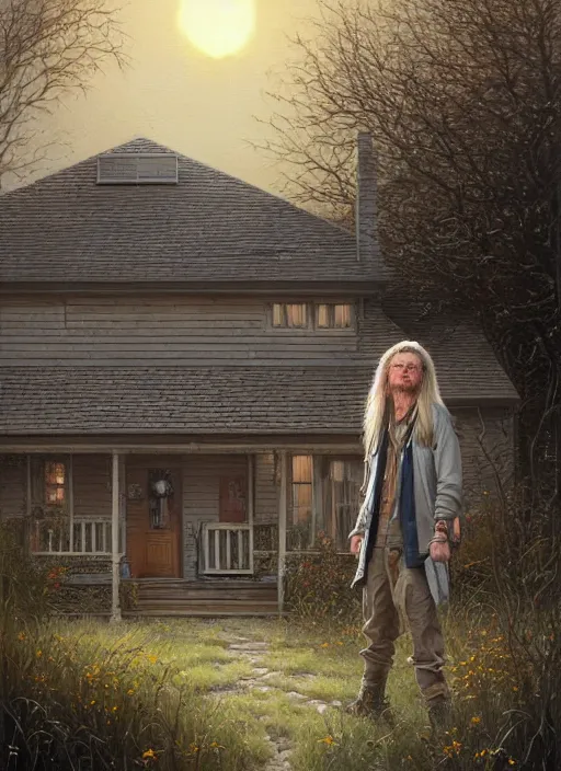 Prompt: highly detailed hyperrealistic painting of a blonde long - haired hillbilly in front of old style house, with his fluffy black and gray australian shepherd, stephen bliss, art by greg rutkowski, loish, rhads, ferdinand knab, makoto shinkai and lois van baarle, tom bagshaw, global illumination, artstation